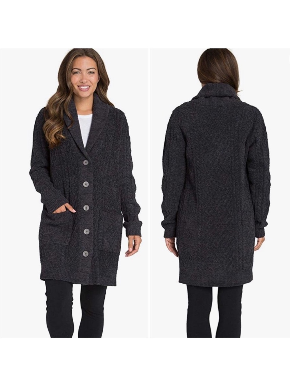 Barefoot Dreams CozyChic "Aran" Long Cardigan in Midnight Multi. Size Medium.